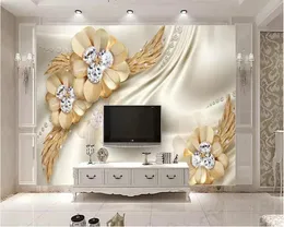 Bakgrundsbilder Custom Self Adhesive Wallpaper 3d Mural Gold Luxury Diamond Flower Jewelry Living Room Wall Paint Home Decor Bakgrund