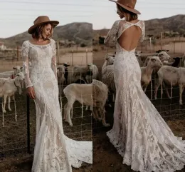 Dantel Ülke Mermaid Gelinlik Gelin Kıyafeti Uzun Kollu Scoop Boyun Seksi Backless Custom Made Ruffles Aplike Sweep Tren Artı Boyutu Plaj Vestidos de novia