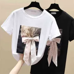 Wwenn Fashion Summer White Tshirt Kobiety Topy Vintage Koreański Ubrania T Koszulka Casual Koronki Bow Black Tee Koszula Krótki Rękaw 210507