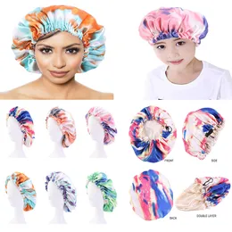 Mommy And Me Satin Bonnet Adjustable Double Layer Sleep Cap Parents Kids Tie dyed Turban Hair Cover Night Hat 28-36cm 6 Colors DB791