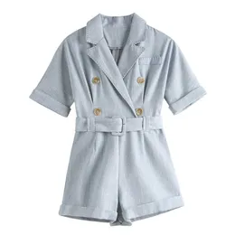 PERHAPS U Blue Pink Short Sleeve Playsuits Rompers Summer Beach Sash Notch Collar Double Breasted J0050 210529
