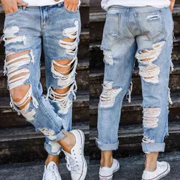 Damskie Ripped Jeans Fashion Brazylijski Ulica Kobiet Niebieski Płukanki Spodnie o szerokim nogawkach Dziewczyny Luźna Pełna Mid-Waist 211129