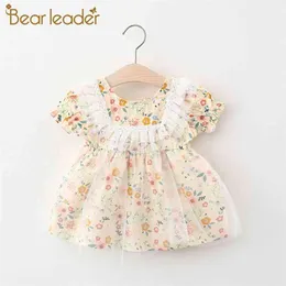 Bear lead toddler baby blommor mesh klänningar födda tjejer söta blommiga voile kostymer spädbarn flicka sommar vestidos casual kostymer 210429