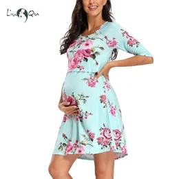 Vestido de maternidade floral das mulheres Enfermagem camisola para amamentar camiseta Sleepwear Meia manga em torno do pescoço grávida 210918