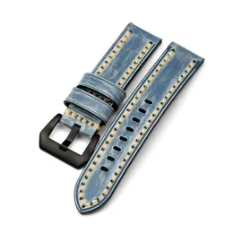 Pstary Handgjord Vintage Denim Blue Strap 20mm 22mm 24mm för Panerai Läderremmar Tjock och Tjock Mens Watch Accessori