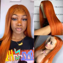 Orange Ginger Straight Simulatiion Human Hair Wigs Natural Hairline Brazilian Synthetic Body Wave Lace Front Wig For Women Bleached Knots