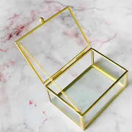 Open Lid Jewelry Ring Box Glass Jewelry Box Rectangular Transparent Small Jewelry Storage Box With Golden Rim And Lid 210626