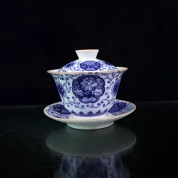 Porcelana velha chinesa azul e branco floral tampa tigela chinês tigela de chá