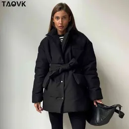 Taovk 짧은 겨울 파카스 여성 따뜻한 면화 자켓 여성 캐주얼 느슨한 outwear 벨트 면화 패딩 코트 211130