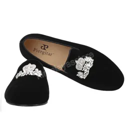 Black Velvet Men Loafers Handmade Crown Rhinestones Man's Smoking Slippers Wedding Party Slip-On Man Dress Shoes