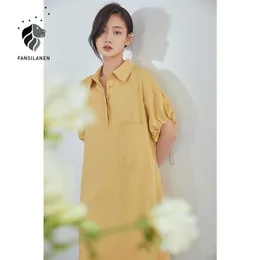 Fansilanen kontor damer gul 100% bomull kortärmad polo klänning sommar kvinnor lös avslappnad kjol sexig 210607