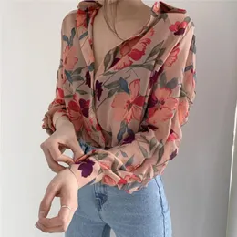 Moda Ladies Camisa Mulheres CHIFFON Long Puff Sleeve impressa Botão Top Butter Bloups Elegant para Mulheres