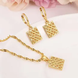 Fine Yellow18K Gold african Beads pane Pendant Earrings Initial Chain Women Necklace bridal girl brand Jewelry