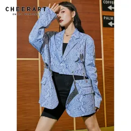 Snake Print Blue Women Blazer Oversize Fall Jacket And Coats Fashion Tailor Coat Suit Single Button Streetwear 210427