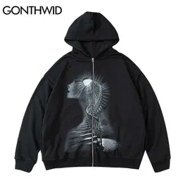 Gonthwid Kapüşonlu Ceketler Streetwear Hip Hop Merdiven Baskı Tam Fermuar Tişörtü Mont Erkekler Harajuku Casual Punk Rock Gotik Tops 211009