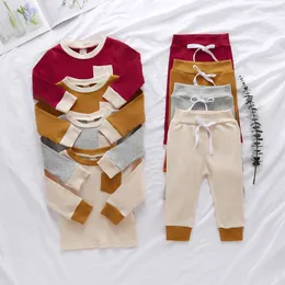 Baby Clothings Set Solid Färg Stripe Pit Långärmad Sweatshirt + Byxor Infantspring och Höst Pajamas Kids Passar ZYY924