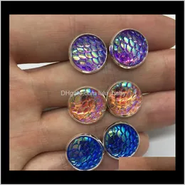 11Color Mermaid Scales Stud Earrings 12Mm Sier Tone Base Glass Cabochon Fine Ear Studs Jewelry For Women Party Gifts Drop Delivery 2021 Cl8Q