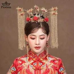 ヘアクリップバレットピオッサ豪華な花嫁中国スタイルフェニックスコロネット古代ヘッドドレスポンメルタッセルレトロショーコートコートトーストディン