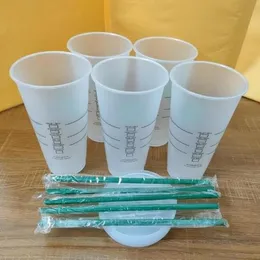 Tassen Starbucks 24oz/710ml Plastikbecher Wiederverwendbarer klarer Trinkbecher mit flachem Boden Säulenförmiger Deckel Strohbecher Bardian 50 Stück