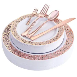 Rätterplattor 25st Guld Engångs Plast Bröllopsfest Dinnerware Set Rose Golden Lace Design PorslinKök Tillbehör