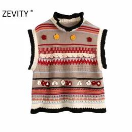 women fashion color matching floral appliques knitting sweater ladies sleeveless casual vest sweaters chic tops S408 210420