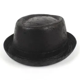 Classic 100％レザーメンズボーターFedora Hat for DADフラット豚肉パイ紳士山脈ガンブラーホムブルクビッグサイズ58cm 59cm幅の帽子
