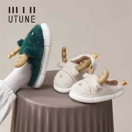 Utune Winter Women Furry Cartoon Slippers Rabbit Wool Home Shoes Eva Platfor