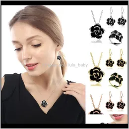 3 Colors Black Rose Camellia Necklace Earrings Ring Jewelry Set Women Fashion Accessories 3Pcsset Christmas Gifts 1Bp7U