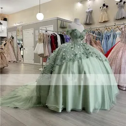 Sage Green Quinceanera Dresses Charro 2023 See Though Top Ball Gowns For Women Off The Shoulder 3D Flowers Floral Lace Tulle Sweet184w
