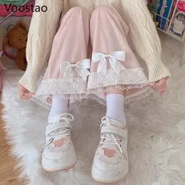 Autunno donne giapponesi dolce stile lolita pizzo fiocco di velluto a coste pantaloni a gamba larga ragazze harajuku pantaloni sportivi larghi casual pantaloni kawaiiCX220310