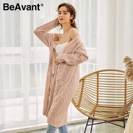 Beavant Casual tripulação pescoço de tricotada suéteres mulheres outono inverno manga longa feminino longo cardigan resort estilo Senhoras Sweater 210709