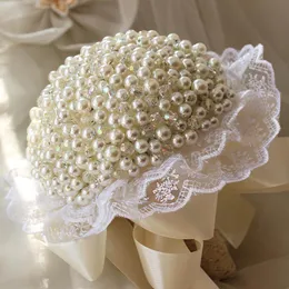 Volle künstliche Pearl-Schmuck-Hochzeitsblumenstrauß-Brautblume Elfenbein-Blumenstrauß 100% handgemachtes runde Brautzubehör Dropshipping