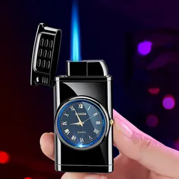 Nowa wiatroszczelna LED Złoty zegarek Latarka Lżejsza Jet Turbo Gaz Lżejszy Cigar Papieros Metal Lżejszy napompowany Butane Gadgets Mężczyźni Prezent