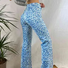 Vintage djur leopard tryck blå sweatpants hög midja Y2K byxor kvinnor harajuku estetiska långa byxor Capris Streetwear 210415