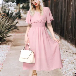 Vestidos Short Sleeve Plus Size Female Chiffon Dress Summer Backless V-Neck White Black Pink Apricot Midi Dress 5080 50 210527