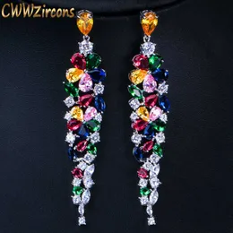 Mehrfarbige Blumenform-Statement-Kubikzirkonia-lange baumelnde Ohrringe Mode-Braut-Hochzeitsfeier-Schmuck CZ422 210714