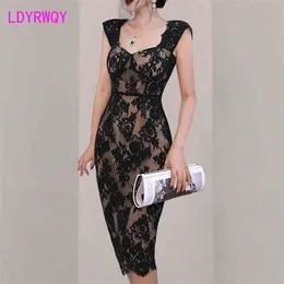 LDYRWQY summer halter see-through lace vest with hip sexy fashion slim dress Office Lady Polyester 210416