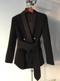 Formell Autumn Winter elegant kostym Jacka kappa dubbelbröst lejon rumpdesigner kontor svart blazer kvinnor bälte kläder kvinnors kostymer b