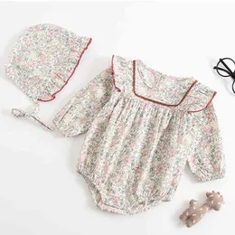 Baby Kläder Tjejer Romper Vår Höst Långärmad Floral Girl Rompers och Hat Jumpsuit 210429