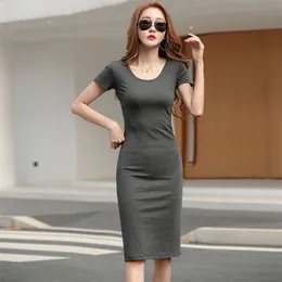 Wwenn Kobiety Sukienka Casual Bawełna Krótki Rękaw Summer Elastyczne Szary Czarny Czerwony Niebieski Plus Rozmiar Korea Es Vestidos 210507