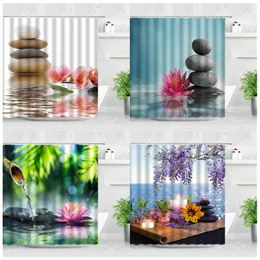 Shower Curtains 3D Stone Zen Garden Curtain Set Pink Lotus Candle SPA Waterproof Polyester Bathroom Decor Accessory Fabric Bath