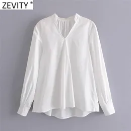 Frauen Mode-V-Ausschnitt Solide Farbe Lässig Weiß Sklock-Hemd Büro Dame Back Fleeat Bluse Roupas Chic Femininas Tops LS7606 210416