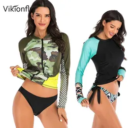 Vikionfly Surfing Swimming Suit For Women Sport Long Sleeve Swimwear 2 Two Piece Tankini Swimsuits Bathing Bikini 210712