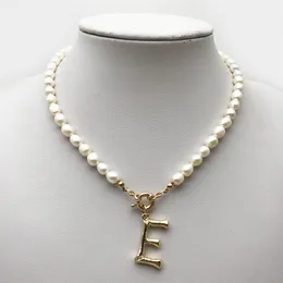 Real Pearl Necklace Choker Alphabet A-Z Initial Stainless Steel Buckle GoldColor Pendant Freshwater Jewelry 220222