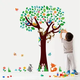 Cartoon Forest Animal Monkeys Rabbit Birds Tree Wall Stickers For Kids Rooms Butterfly Nursery Home Decor Bedroom Poster Mural 210420