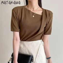 MATAKAWA Irregular Collar Woman Tshirts Loose Short-sleeved Tshirt Micro-through Ice Silk T Shirt Women Korean Chic Tops 210513