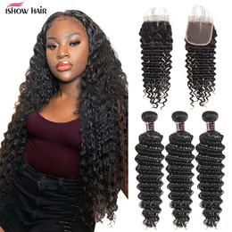 Är hur mänskliga hårbuntar med spetsstängning Virgin Weave Extensions Body Wave 8-28 tum för kvinnor rakt djupt löst lockigt vatten i svart färg