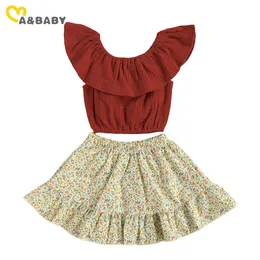 2-7y sommar vintage blomma barn baby flicka kläder satt ruffles av axel toppar blommiga kjolar boho outfits barn kostymer 210515