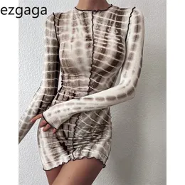 Ezgaga Dresses Women Fashion Long Sleeve O-Neck Patchwork Ladies Sexy Bodycon Print Thin Dress Clubwear Wild Street Vestidos 210430