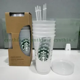 24z / 710ml Starbucks Tumblers Kunststoff Trinksaft Cup mit Lippe und Stroh Magie Kaffeetasse Costom Transparent L4